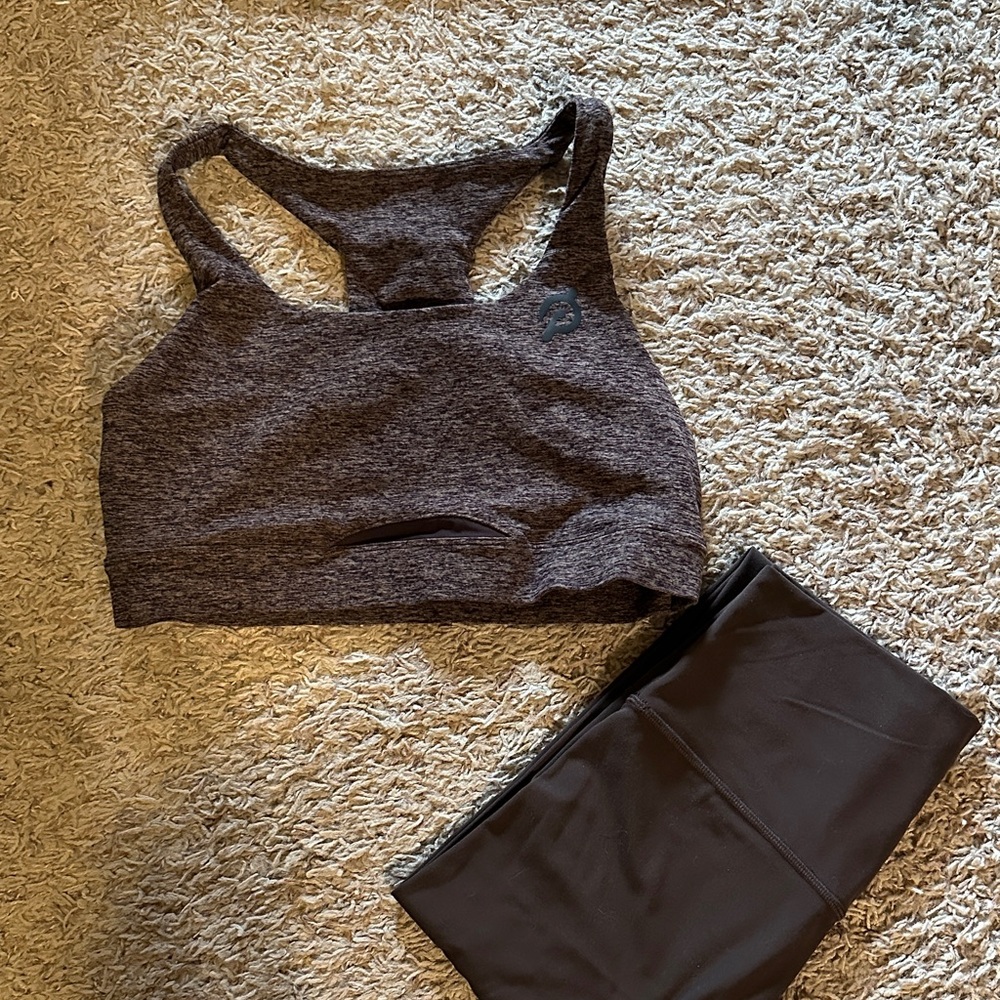 Peloton Heathered Brown Sports Bra and Brown Leggings Set